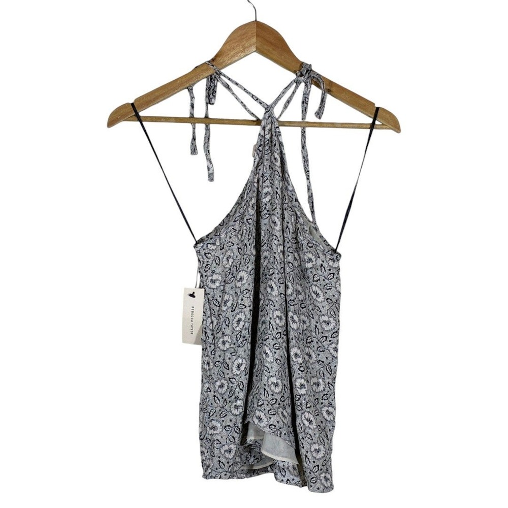 NWT Rebecca Taylor Floral Silk Halter Tie Neck Top Cream Black Boho Size 10
